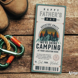 Camping Ticket Vorlage, Vatertag Camping Geschenkgutschein, Outdoor Abenteuer Gutschein, Überraschungscamp Ausflug offenbaren, digitale Datei zum selbst bearbeiten