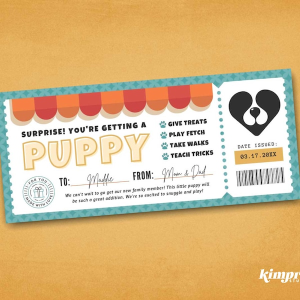 New Puppy Gift Certificate, Surprise Puppy Ticket Template, Printable Pet Surprise Reveal, Family Dog Voucher, 9x4 Digital File, Canva Edit