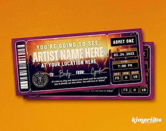 May include: A purple and gold concert ticket with the text "You're going to see ARTIST NAME HERE at YOUR LOCATION HERE". The ticket has a date of 02.24.20XX and a time of 7:00 PM. The ticket is addressed to Bailey from Cyndi.