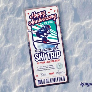 Modèle de billet de voyage de ski, cadeau d'anniversaire de voyage de ski, certificat de ski sur neige, révélation surprise de vacances d'hiver, forfait de remontées mécaniques, auto-édition