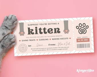 New Kitten Gift Certificate, Surprise Kitten Ticket Template, Printable Pet Surprise Reveal, Family Cat Voucher, 9x4 Digital File,Canva Edit