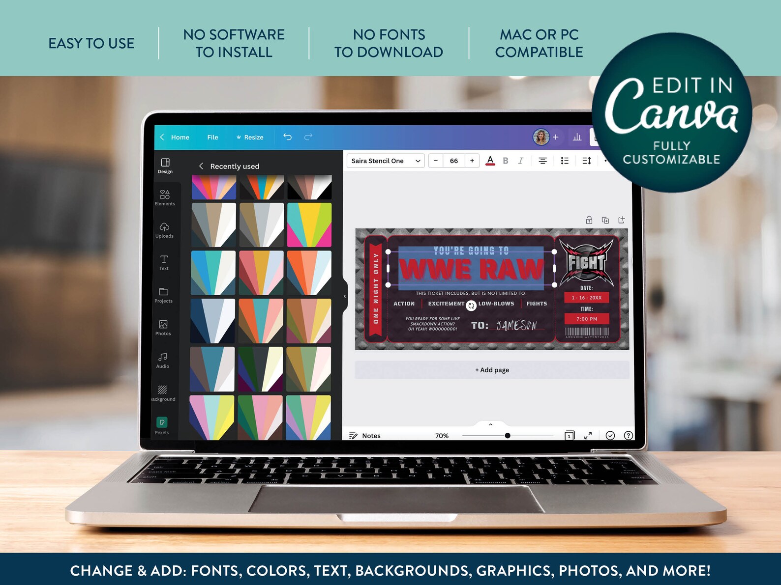 WWE Wrestling Ticket Template Fight Souvenir Experience Gift Etsy