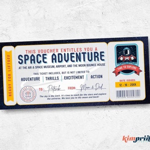 Plantilla de boleto de aventura espacial, certificado de regalo de experiencia de astronauta, cupón de espacio exterior para niños imprimible personalizado, archivo digital 9x4, edición de Canva