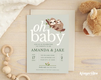 May include: A baby shower invitation with a light blue background featuring two cartoon sloths on a branch. The text "oh baby" is in white with a green outline. The invitation includes the names Amanda & Jake, the date 17th August, the time 2 PM, and the location The Williams Home, 1234 Anywhere Ave, Your City, ST 12545. The invitation also includes the text "kindly reply: 555-555-5555" and "Registered at Pottery Barn Kids."