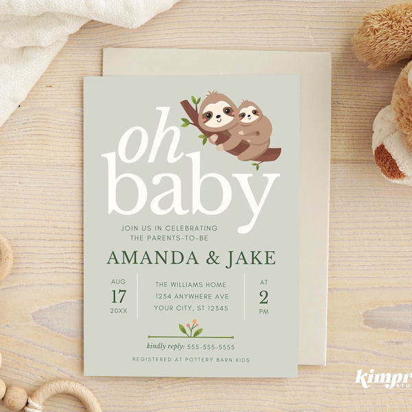 Sloth Baby Shower Invitation, Editable Sloth Theme Template, Gender Neutral Printable Invite for Boy or Girl, 5x7 Digital File, Canva Edit