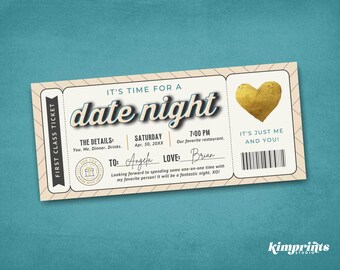 Datum nacht ticket sjabloon, DIY romantisch cadeau-idee voor Valentijn/jubileum, afdrukbare leuke datum nacht uitnodiging, 9 x 4 digitaal bestand, Canva Edit