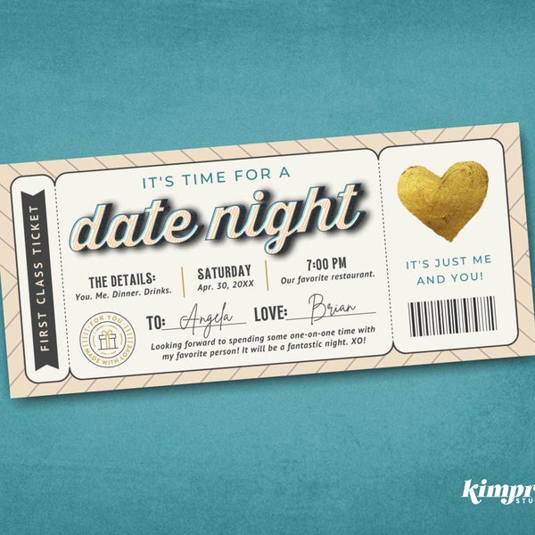 Date Night Ticket Vorlage, DIY romantische Valentinstag / Jubiläum Geschenkidee, druckbare lustige Date Night Einladung, 9x4 digitale Datei, Canva Edit