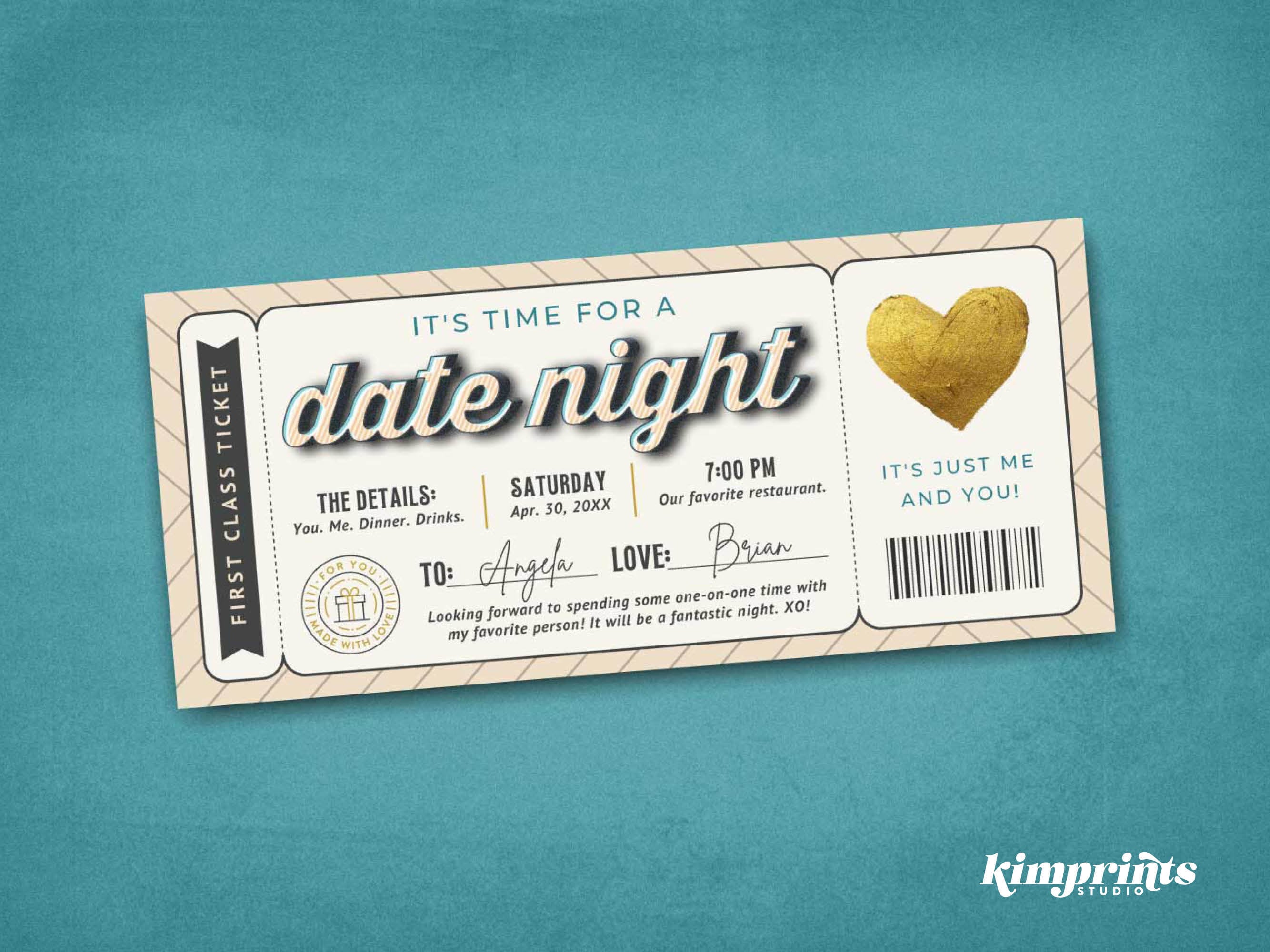 Date Night Ticket Template, DIY Romantic Valentine/anniversary Gift Idea,  Printable Fun Date Night Invitation, 9x4 Digital File, Canva Edit 