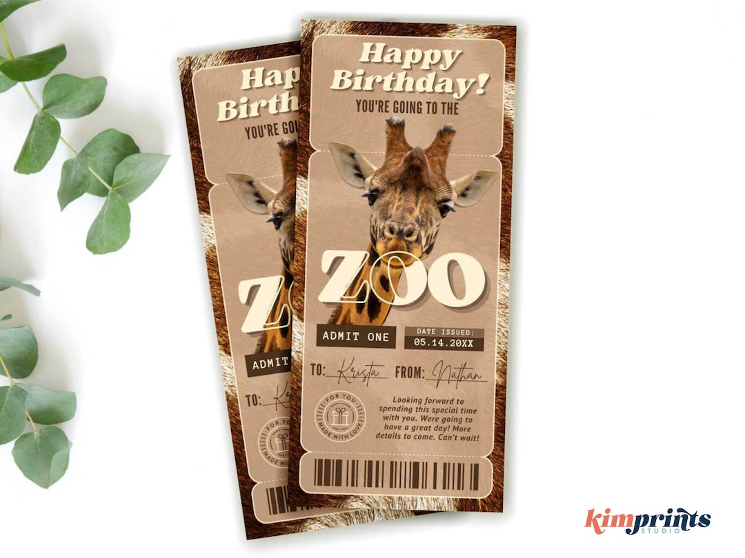 Zoo Trip Ticket Template, Giraffe Zoo Voucher, Animal Safari Experience Gift Certificate, Wild