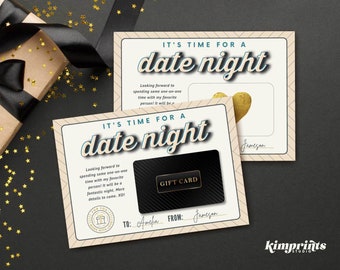 May include: A beige card with a black gift card inside. The card has the text "It's time for a date night" in blue and gold lettering. The gift card has the text "Gift Card" in gold lettering. The card is signed "To: Amela From: Jameson".