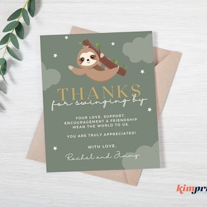 Tarjeta de agradecimiento con tema perezoso para baby shower, plantilla de nota personalizable e imprimible, se adapta a sobre A2, archivo digital instantáneo, edición de Canva