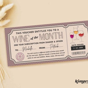 Wine Subscription Gift Certificate, Wine of the Month Gift, Custom Vino Coupon, Printable Drink Ticket Template, 9x4 Digital File, Self-edit