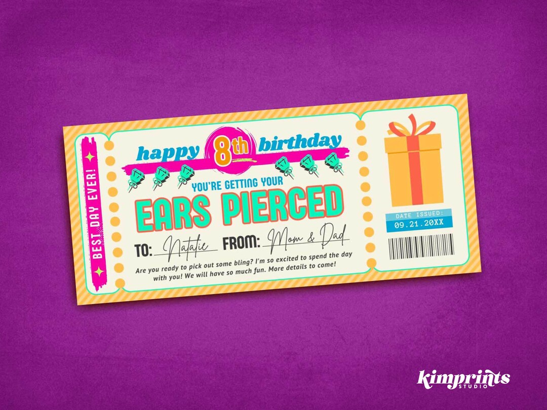 Ear Piercing Ticket Template, Ears Pierced Souvenir Voucher, Ear Pierce