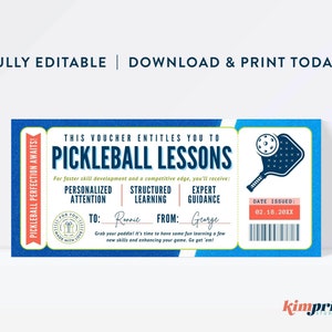 May include: A blue and white voucher for pickleball lessons. The voucher includes text that reads "Pickleball Lessons" and "Fully Editable | Download & Print Today!". It also includes a pickleball paddle graphic and the date issued.