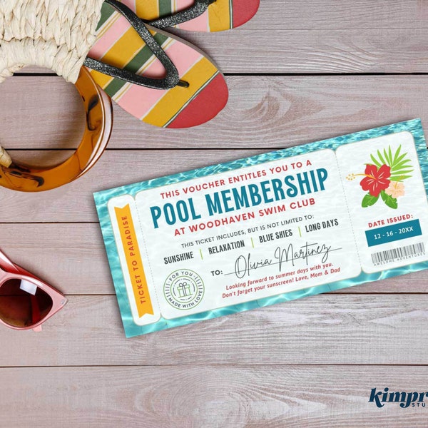 Pool Membership Template, Swim Club Season Pass, Printable Swimming Pool Certificate, Pool Party Gift Idea, Surprise Pool Reveal, Self-Edit