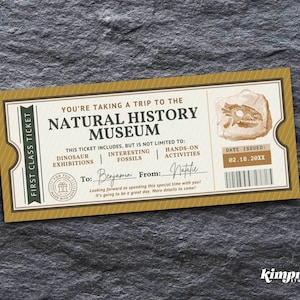 Modello di biglietto per il Museo di storia naturale, Buono regalo Dinosaur Experience, Invito all'avventura Dino, Fossili di dinosauro stampabili, Auto-modifica