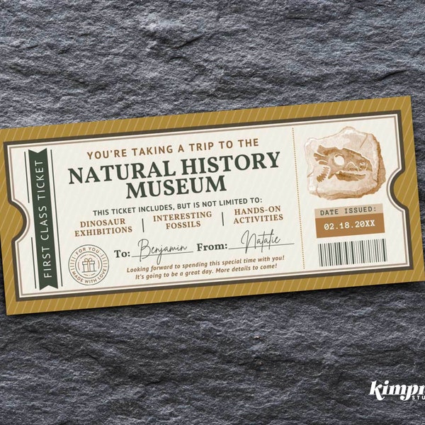 Natural History Museum Ticket Template, Dinosaur Experience Gift Certificate, Dino Adventure Invite, Dinosaur Fossils Printable, Self-Edit