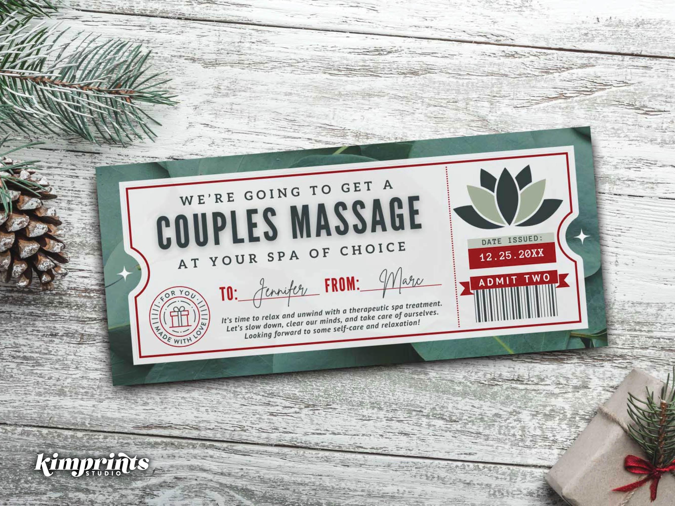 Couples Massage Gift Certificate, Christmas Gift Idea, Holiday Printable Surprise Spa Day Voucher, Christmas Love Coupon Template, Self-Edit