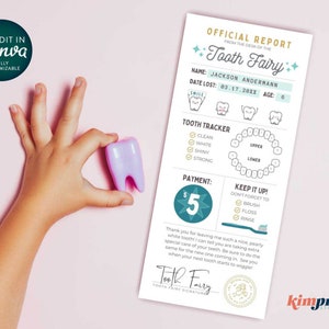 Modelo de carta da fada do dente, lembrança do dente perdido, relatório da fada do dente para menino ou menina, primeiro dente para impressão, arquivo digital 4x9, edição Canva