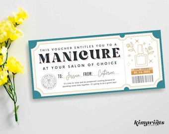 May include: A teal blue gift certificate with gold accents for a manicure at the salon of choice. The certificate has a stylized illustration of a bottle of nail polish and the text "THIS VOUCHER ENTITLES YOU TO A MANICURE AT YOUR SALON OF CHOICE" and "DATE ISSUED: 05.14.20XX".