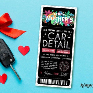 Plantilla de ticket de lavado de autos, certificado de regalo para el Día de la Madre, detalle sorpresa, cupón para limpieza de autos, cupón para lavado de autos, autoedición