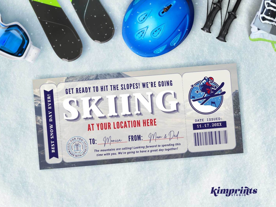 Snow Skiing Ticket Template, Ski Trip Gift Idea, Ski Pass Gift Voucher