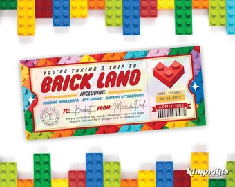 Brick Land Ticket Template, Building Block Theme Park Gift Certificate, Surprise Trip Reveal, Fun Bricks Amusement Park Gift Idea, Self-Edit