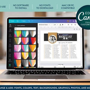 Op de afbeelding: Een laptopscherm waarop een bucketlist-sjabloon wordt weergegeven in Canva, een grafisch ontwerpplatform. De sjabloon bevat een zwart-witfoto van een stel, een zwarte en gouden titelbalk met de tekst "Bucket List" en een lijst met activiteiten om te voltooien. Het scherm toont ook een tool voor het selecteren van een kleurenpalet.