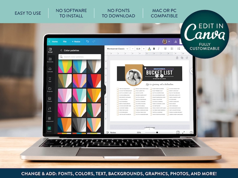 Op de afbeelding: Een laptopscherm waarop een bucketlist-sjabloon wordt weergegeven in Canva, een grafisch ontwerpplatform. De sjabloon bevat een zwart-witfoto van een stel, een zwarte en gouden titelbalk met de tekst "Bucket List" en een lijst met activiteiten om te voltooien. Het scherm toont ook een tool voor het selecteren van een kleurenpalet.