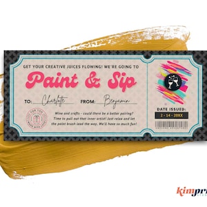 Modello di biglietto Paint & Sip, Buono regalo per lezione d'arte, Regalo per attività artigianali, Idea per un appuntamento notturno, Lezione di pittura, Idea per una serata tra ragazze, Auto-modifica