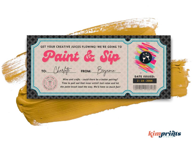 Paint & Sip Ticket Template Art Class Gift Certificate Fun Etsy