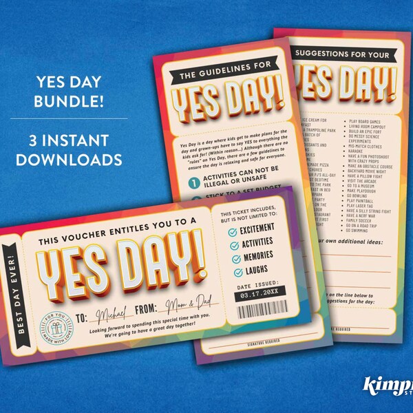 Yes Day Bundle, Kinder Best Day Ever Tickets, Yes Day Geschenkgutschein Vorlage, Spaß Erlebnis Geschenk Gutschein, Spaß Tag Regeln & Ideen, Selbst bearbeiten