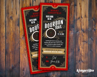 Bourbon Spuren Weihnachtskarten-Vorlage, Überraschungs-Bourbon-Verkostungs-Geschenkgutschein, Kentucky Bourbon Spuren-Spaß-Urlaub zum Ausdrucken, selbst bearbeiten