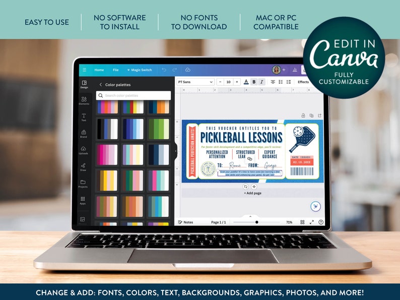 May include: A laptop displays a customizable Canva design for pickleball lessons. The design features a blue and white voucher with text, a pickleball paddle graphic, and the words "Pickleball Lessons". The screen also shows color palettes.