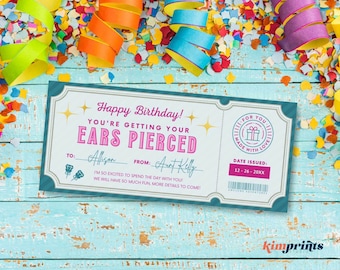Ear Piercing Ticket Template, Ears Pierced Souvenir, First Piercing Gift Certificate, Custom Piercing Coupon, Ear Pierce Voucher, Self-Edit