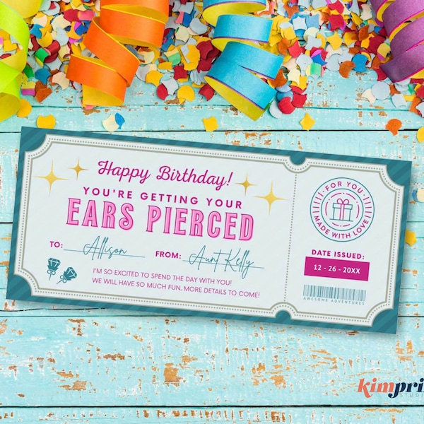 Ear Piercing Ticket Template, Ears Pierced Souvenir, First Piercing Gift Certificate, Custom Piercing Coupon, Ear Pierce Voucher, Self-Edit