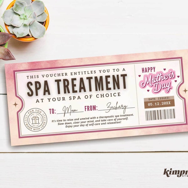 Spa Treatment Gift Certificate, Mothers Day Gift Idea, Printable Surprise Spa Day Voucher, Mothers Day Coupon, Mothers Day Massage,Self-Edit