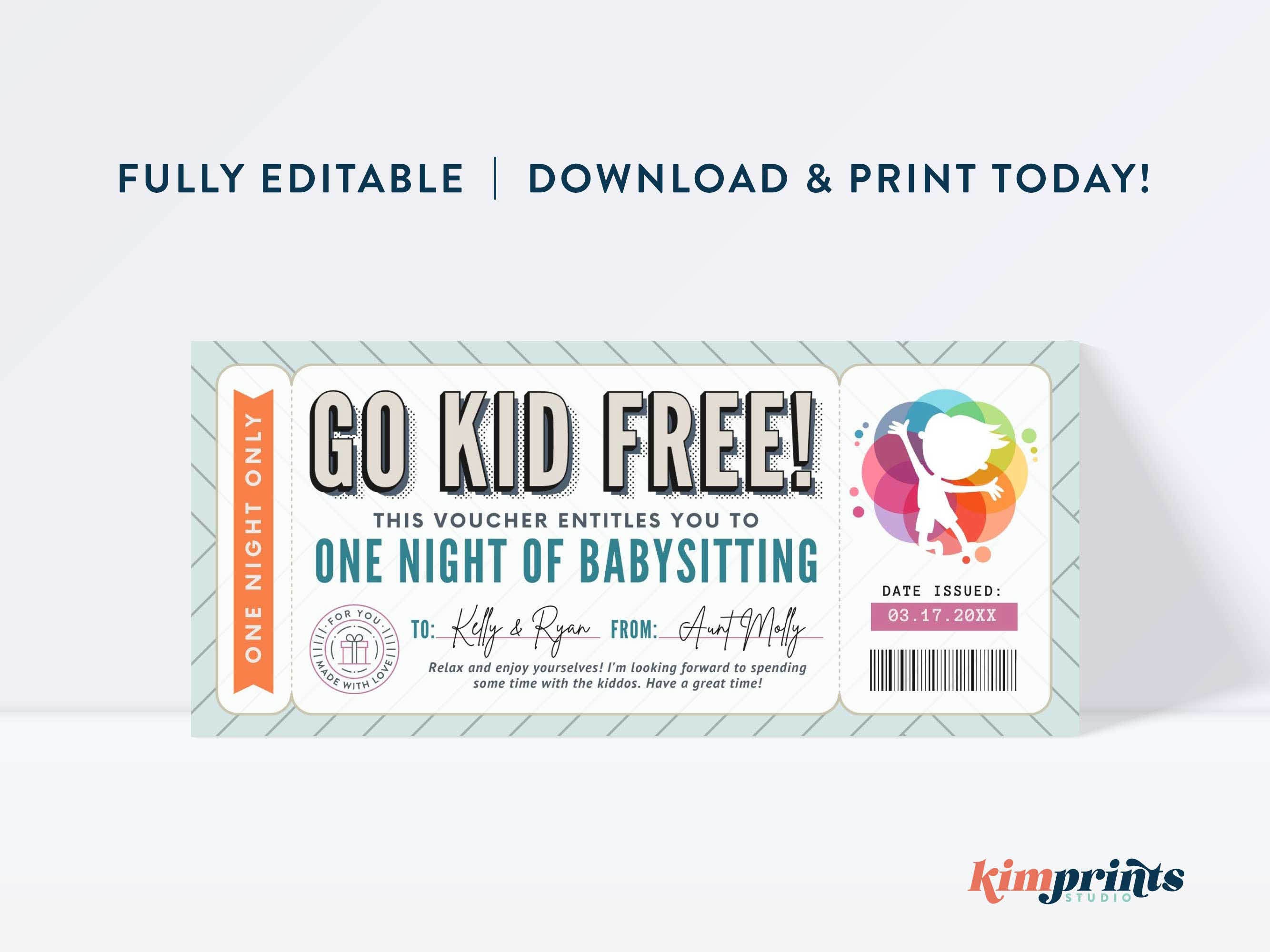Babysitting Ticket Template Free Babysitting Gift Etsy