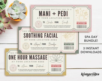 Spa Day Bundle Certificates, Spa Gift Idea, Surprise Spa Day Printable, Spa Day Care Package, Mani Pedi Set, Massage Facial Gift, Self-Edit