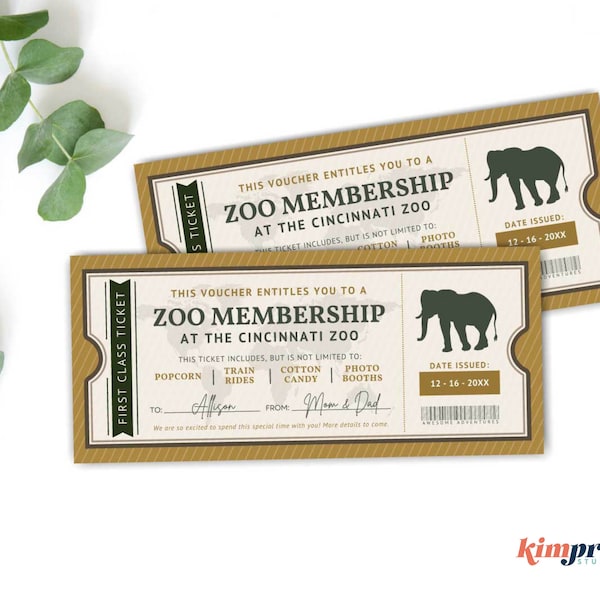 Zoo Membership Ticket Template, Season Pass Gift Certificate, Fun Experience Souvenir, Printable Coupon, 9x4 Instant Digital File,Canva Edit