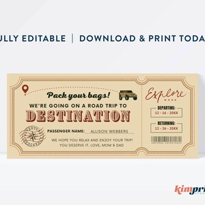 Road Trip Ticket Template, Weekend Getaway Gift Certificate, Vacation Gift Printable, Fun Travel Gift Idea, Surprise Trip Reveal, Self-Edit image 2