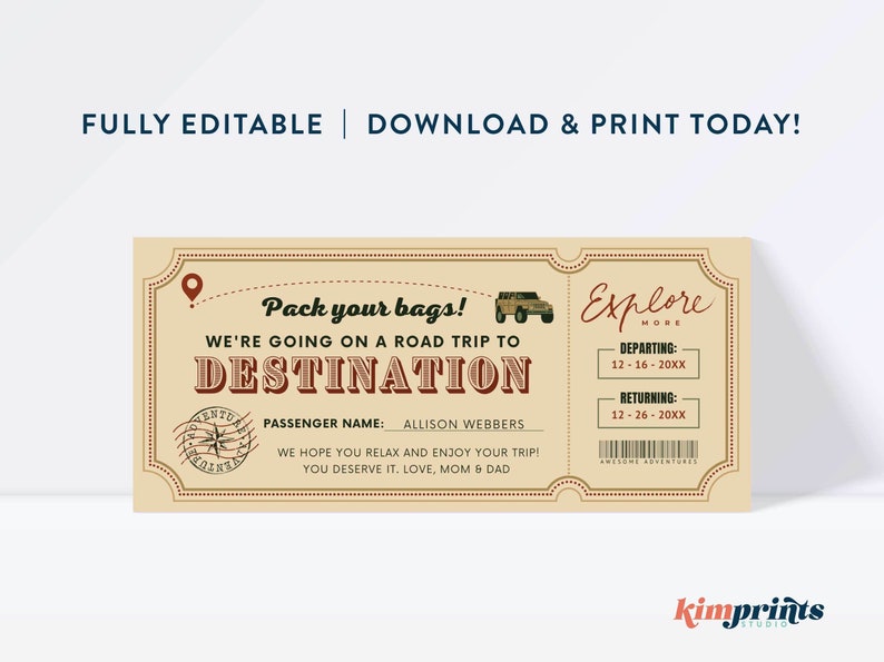 Road Trip Ticket Template, Weekend Getaway Gift Certificate, Vacation Gift Printable, Fun Travel Gift Idea, Surprise Trip Reveal, Self-Edit image 2
