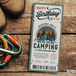 Modèle de ticket de camping, idée cadeau d'anniversaire, activité d'anniversaire surprise, chèque-cadeau de camp de plein air, anniversaire de voyage amusant à révéler, auto-modification