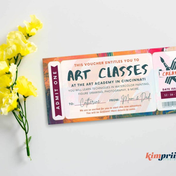Art Class Ticket-sjabloon, Fun Craft Experience-cadeaubon, aangepaste coupon, afdrukbare memorabilia-voucher, 9x4 digitaal bestand, Canva Edit