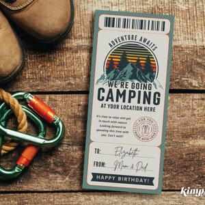 Modello di biglietto per il campeggio, Buono regalo per il campeggio, Voucher per avventure all'aria aperta, Rivelazione del viaggio nel campo a sorpresa stampabile, File digitale, Auto-modifica