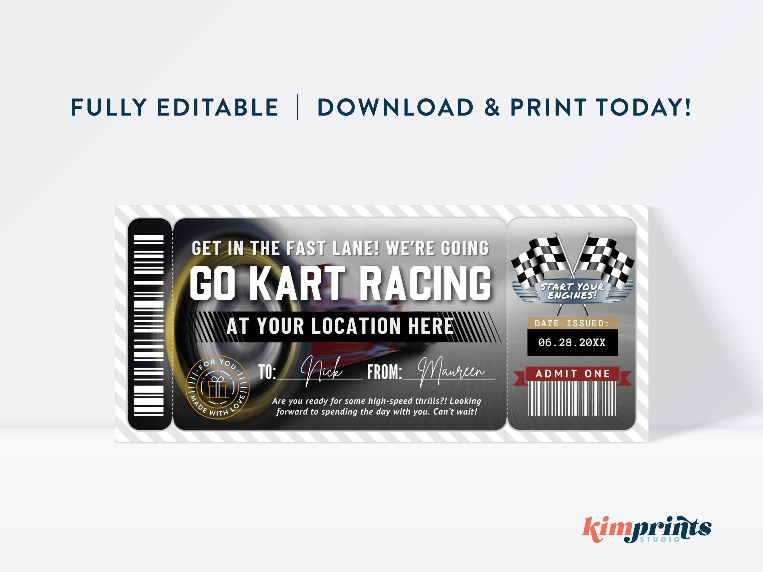 Go Kart Racing Ticket Template, Go Karting Gift Idea, Go Karts Gift ...
