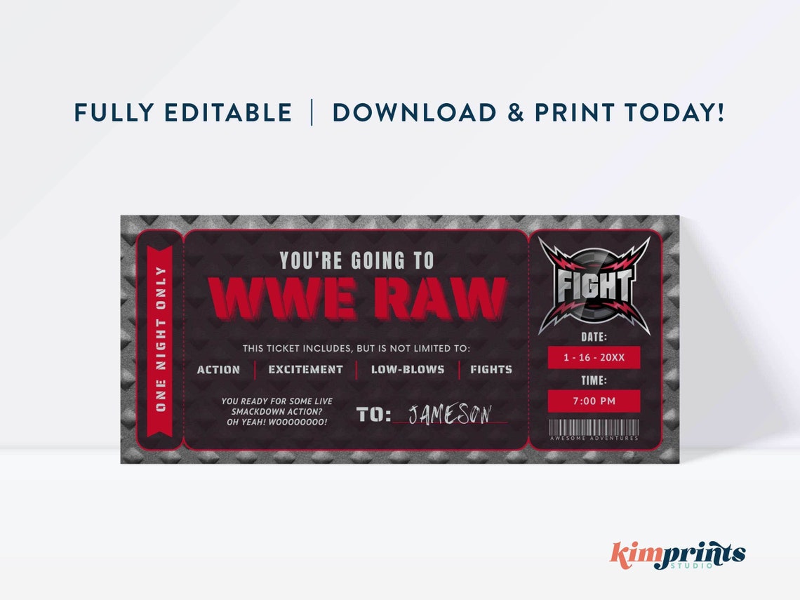 WWE Wrestling Ticket Template Fight Souvenir Experience Gift Etsy