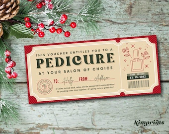 Pedicure Ticket Template, Nail Salon Christmas Gift Certificate, Holiday Pedicure/Manicure Printable Voucher, Mani/Pedi Gift Idea, Self-Edit