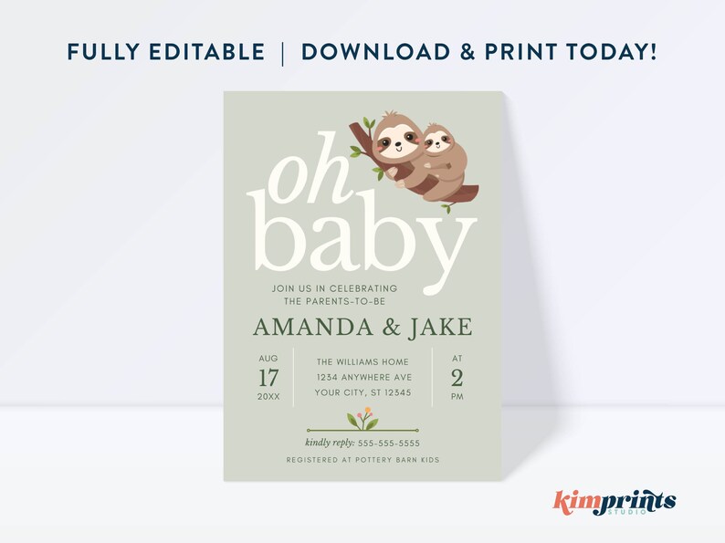 Sloth Baby Shower Invitation, Editable Sloth Theme Template, Gender ...