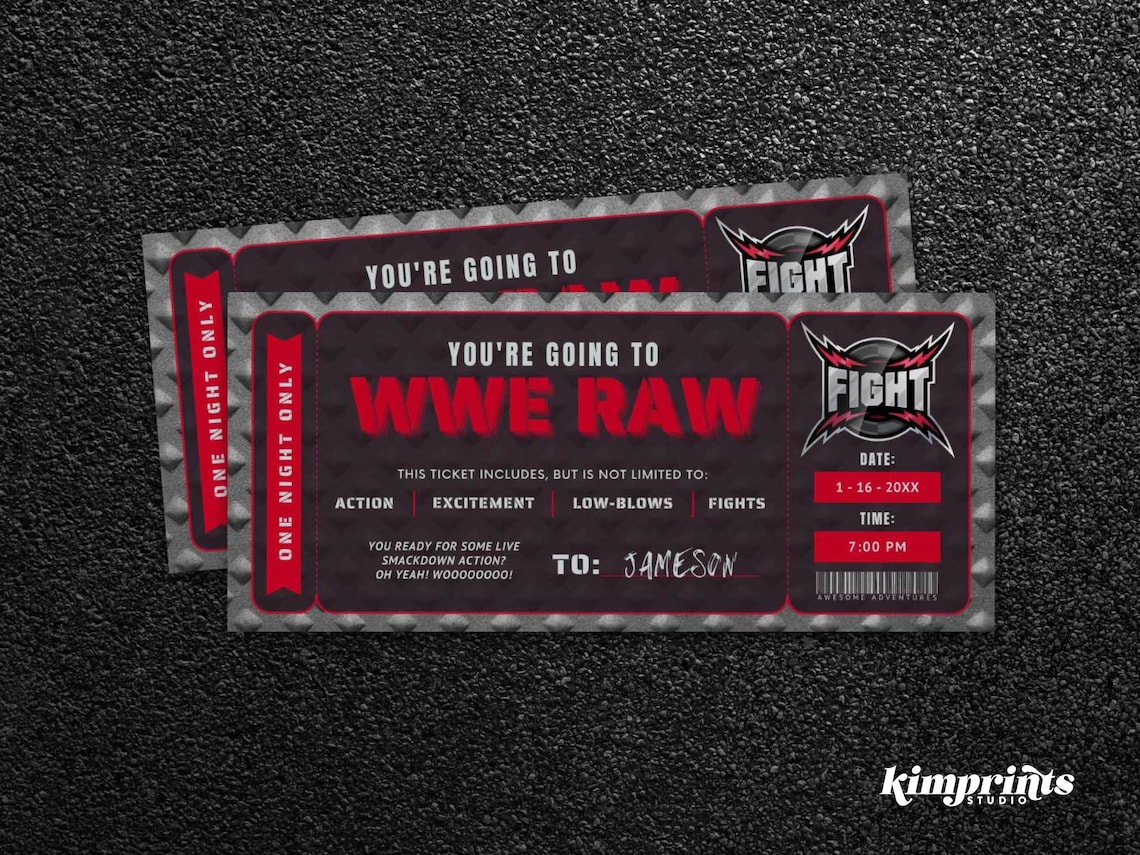 WWE Wrestling Ticket Template Fight Souvenir Experience Gift Etsy